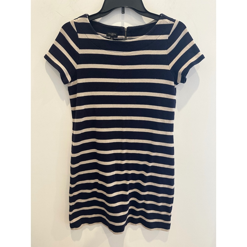 Talbots Petites Navy Blue Cream Striped Cotton Knit Sheath Dress SP Short Sleeve